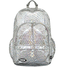 Load image into Gallery viewer, The CHOK silver holographic 3d vegan backpack with a silver holographic shiny print. The bag is facing forward to highlight the two front rainbow zip pockets, the main rainbow double zip pocket, two side elasticated pockets, top handle, bottom left CHOK logo and a silver decorative detachable chain draping across the middle.