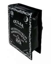 Load image into Gallery viewer, The gothx ouija spirit book vegan backpack on a white studio background. The bag is facing forward angled left to highlight the top zip main compartment, embroidered planchette and white printed detailing featuring a ouija board, pentagrams and lace pattern.