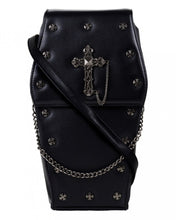 Load image into Gallery viewer, The gothx coffin vegan backpack on a white studio background. The bag is facing forward to highlight the cross mini studs, cross and chain emblem, detachable adjustable strap and detachable silver chain.
