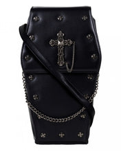 Load image into Gallery viewer, The gothx coffin vegan backpack on a white studio background. The bag is facing forward to highlight the cross mini studs, cross and chain emblem, detachable adjustable strap and detachable silver chain.