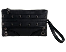 Load image into Gallery viewer, The gothx mini skull head vegan clutch bag in front of a white studio background. The clutch is facing forward to highlight the skull studded front, faux zip detailing and detachable wrist strap.