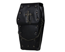 Load image into Gallery viewer, The gothx coffin vegan backpack on a white studio background. The bag is facing forward to highlight the cross mini studs, cross and chain emblem and detachable silver chain.