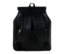 Load image into Gallery viewer, The GothX twin pocket skull vegan backpack on a white background. The bag is facing away from the camera to highlight the adjustable shoulder straps, handle and back zip up pocket.