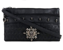 Load image into Gallery viewer, The gothx black skull vegan clutch bag on a white studio background. The clutch is facing forward to highlight the skull embossed vegan black leather, the crystal stud skull centrepiece, zip pocket, shoulder strap and skull studs.
