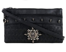 Load image into Gallery viewer, The gothx black skull vegan clutch bag on a white studio background. The clutch is facing forward to highlight the skull embossed vegan black leather, the crystal stud skull centrepiece, zip pocket, shoulder strap and skull studs.