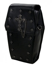 Load image into Gallery viewer, The GothX Mini coffin vegan cross body bag on a white studio background. The bag is facing forward angled to the left to highlight the cross studded front and stud cross centrepiece with chain.
