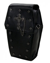 Load image into Gallery viewer, The GothX Mini coffin vegan cross body bag on a white studio background. The bag is facing forward angled to the left to highlight the cross studded front and stud cross centrepiece with chain.