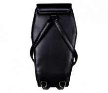 Load image into Gallery viewer, The gothx coffin vegan backpack on a white studio background. The bag is facing away from the camera to highlight the plain black back and detachable adjustable strap.
