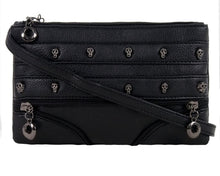 Load image into Gallery viewer, The gothx mini skull head vegan clutch bag in front of a white studio background. The clutch is facing forward to highlight the skull studded front, faux zip detailing and detachable, adjustable shoulder strap.