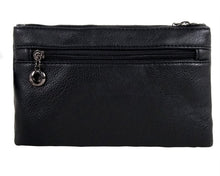 Load image into Gallery viewer, The gothx black skull vegan clutch bag on a white studio background. The clutch is facing away from the camera to highlight the plain black back and back zip pocket.