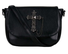 Load image into Gallery viewer, The gothx don't cross me vegan shoulder bag on a white studio background. The bag is facing forward to highlight the detachable strap and the studded cross chain centrepiece.