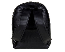 Load image into Gallery viewer, The GothX embossed skull vegan backpack on a white studio background. The bag is facing away from the camera to highlight the all over embossed skull design, top handle and adjustable shoulder straps.