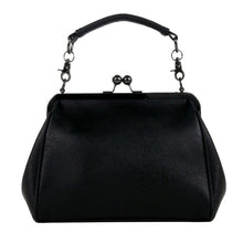 Load image into Gallery viewer, The GothX Don&#39;t Cross Me Vegan Vintage Clasp Handbag on a white studio background. The bag is facing away from the camera to highlight the detachable handle, vintage ball clasp close and plain black back.

