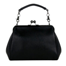 Load image into Gallery viewer, The GothX Don't Cross Me Vegan Vintage Clasp Handbag on a white studio background. The bag is facing away from the camera to highlight the detachable handle, vintage ball clasp close and plain black back.