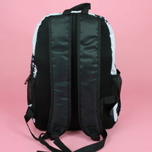 Load image into Gallery viewer, The white game over vegan backpack on a pink studio background. The vegan friendly bag is facing away to highlight the plain black back with two padded adjustable shoulder straps, two elasticated side pockets and top handle.