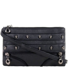 Load image into Gallery viewer, The gothx mini skull head vegan clutch bag in front of a white studio background. The clutch is facing forward to highlight the skull studded front, faux zip detailing and detachable, adjustable shoulder strap.
