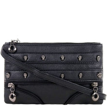 Load image into Gallery viewer, The gothx mini skull head vegan clutch bag in front of a white studio background. The clutch is facing forward to highlight the skull studded front, faux zip detailing and detachable, adjustable shoulder strap.