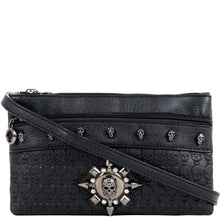 Load image into Gallery viewer, The gothx black skull vegan clutch bag on a white studio background. The clutch is facing forward to highlight the skull embossed vegan black leather, the crystal stud skull centrepiece, zip pocket, shoulder strap and skull studs.
