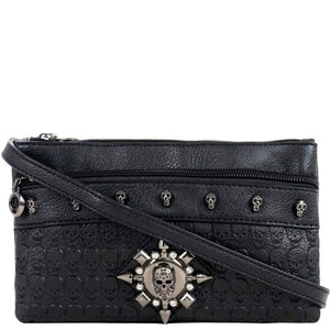 The gothx black skull vegan clutch bag on a white studio background. The clutch is facing forward to highlight the skull embossed vegan black leather, the crystal stud skull centrepiece, zip pocket, shoulder strap and skull studs.