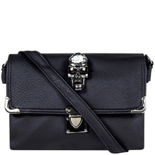 Load image into Gallery viewer, The GothX crystal skull vegan shoulder bag on a white studio background. The bag is facing forward to highlight the crystal skull centrepiece, metal clasp clip close, metal corner detailing and detachable strap.