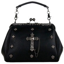 Load image into Gallery viewer, The GothX Don't Cross Me Vegan Vintage Clasp Handbag on a white studio background. The bag is facing forward to highlight the floral metal detailing along the top, vintage ball clasp close, detachable handle, mini cross studs and large cross chain emblem.