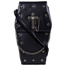 Load image into Gallery viewer, The gothx coffin vegan backpack on a white studio background. The bag is facing forward to highlight the cross mini studs, cross and chain emblem, detachable adjustable strap and detachable silver chain.