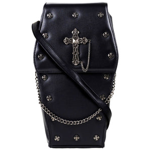 The gothx coffin vegan backpack on a white studio background. The bag is facing forward to highlight the cross mini studs, cross and chain emblem, detachable adjustable strap and detachable silver chain.
