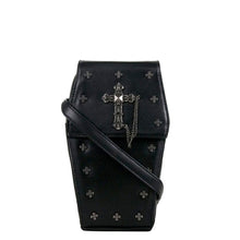Load image into Gallery viewer, The GothX Mini coffin vegan cross body bag on a white studio background. The bag is facing forward to highlight the detachable chain, cross studded front and stud cross centrepiece with chain.
