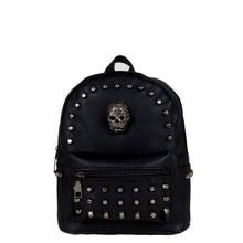 Load image into Gallery viewer, The GothX skull head small studded vegan mini backpack on a white studio background. The black gothic style vegan leather bag is facing forward to highlight the diamanté style skull, gunmetal coloured studs and front zip pocket.