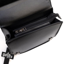 Load image into Gallery viewer, Close up of the GothX Ouija Spirit Book Mini Bag laying open on a white background to show the two magnetic clip closures, zipped middle and plain black vegan leather inside.