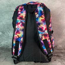 Load image into Gallery viewer, The planets solar system vegan backpack on a grey velvet background. The bag is facing away to highlight the padded adjustable shoulder straps with the multicoloured space print, plain black back, side pockets and top handle.