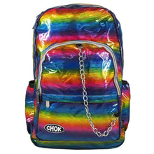 Load image into Gallery viewer, The CHOK Rainbow Holographic Vegan Backpack with a rainbow multicoloured melt holographic pattern with a silver chain and CHOK logo. The bag is facing forward to highlight the front rainbow zip pockets, the main double rainbow zip compartment, two side elasticated pockets with a detachable decorative silver chain.