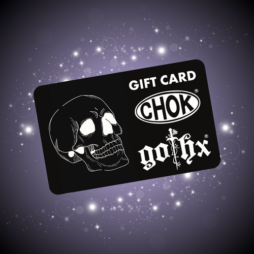 A chok gothx digital gift card voucher. A black gift card graphic with the chok and gothx logo along with a skull on a dark purple gradient background with y2k fairy grunge sparkles.