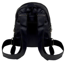 Load image into Gallery viewer, The GothX skull head small studded vegan mini backpack on a white studio background. The vegan black leather gothic bag is facing away from camera to highlight the adjustable vegan leather straps and back zip pocket.
