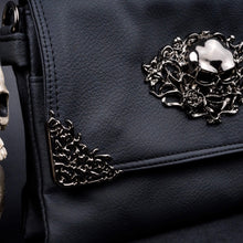 Load image into Gallery viewer, Close-up shot of the metal swirly detailing on the clip close flap corners on CHOK GothX’s vegan leather gothic bag, emphasising its detailed rose and vine embellishments.
