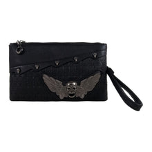 Load image into Gallery viewer, The Gothx winged skull vegan clutch bag on a white studio background. The vegan black leather bag is facing forward to highlight the embossed skull leather, mini skull studs, detachable wrist strap and metal winged skull centrepiece.
