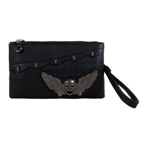 The Gothx winged skull vegan clutch bag on a white studio background. The vegan black leather bag is facing forward to highlight the embossed skull leather, mini skull studs, detachable wrist strap and metal winged skull centrepiece.