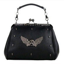 Load image into Gallery viewer, The GothX winged skull vegan vintage clasp handbag on a white studio background. The bag is facing forward to highlight the ball clasp close, metal floral detailing along the top, detachable vegan leather handle, mini skull studs and winged skull centre piece.
