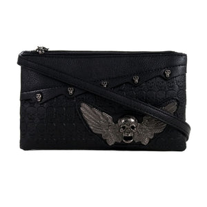 The Gothx winged skull vegan clutch bag on a white studio background. The vegan black leather bag is facing forward to highlight the embossed skull leather, mini skull studs, detachable wrist strap and metal winged skull centrepiece.