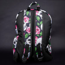 Load image into Gallery viewer, Back view of backpack with skull and rose print – The back of the backpack, featuring the same skull and rose print on the shoulder straps and upper back, while the rest is solid black for a contrasting look.
