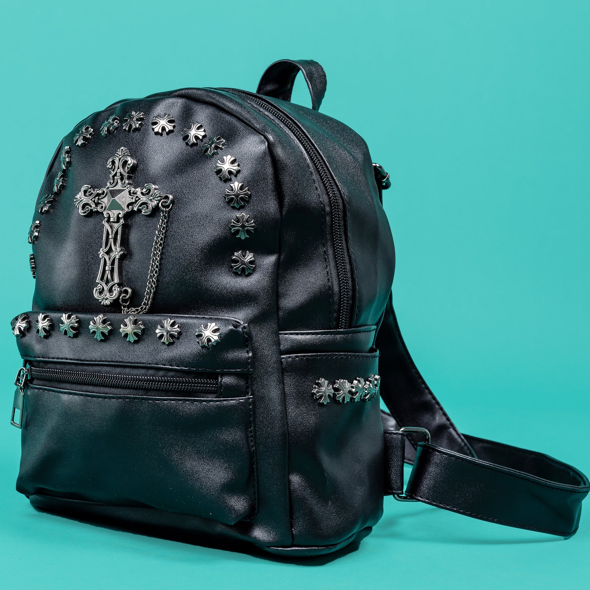 black faux leather backpack with studs GothX Studded Cross Mini Backpack – GOTHX UK