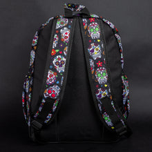 Load image into Gallery viewer, Back view of the CHOK GothX Sugar Skull Backpack, highlighting padded adjustable shoulder straps, a sturdy back panel, and side straps for maximum comfort and support. A perfect mix of gothic style and functionality.
