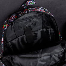 Load image into Gallery viewer, Interior view of the CHOK GothX Sugar Skull Backpack, featuring a padded laptop compartment for devices up to 15 inches and additional internal pockets for organisation. Durable and stylish for everyday use.
