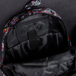 Interior view of the CHOK GothX Sugar Skull Backpack, featuring a padded laptop compartment for devices up to 15 inches and additional internal pockets for organisation. Durable and stylish for everyday use.