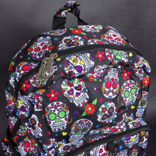 Load image into Gallery viewer, Close-up of the top section of the CHOK GothX Sugar Skull Backpack, highlighting the secure zip, handle, and intricate sugar skull and floral print. Durable and lightweight for everyday use.
