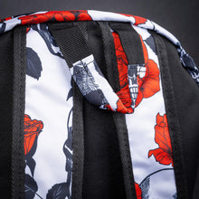 Load image into Gallery viewer, Top handle and straps with rose and skull pattern – Close-up of the top handle and shoulder straps, featuring a detailed black and red skull and rose design on a white background, perfect for an edgy statement.
