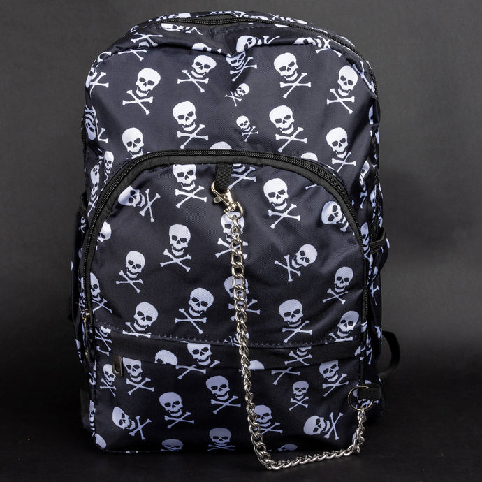 Full front view of the CHOK GothX gothic backpack with a striking skull and crossbones pattern. Features include adjustable straps, spacious interior, silver chain detail, and a laptop compartment for up to 15 inches.