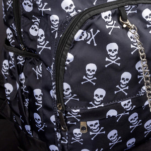 Close-up detail of the CHOK GothX skull-print backpack, highlighting the front zip pocket with a detachable silver chain. Made from high-quality, durable nylon with a gothic-inspired design.