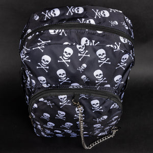 A CHOK GothX gothic backpack showcasing its double-zip front, spacious compartments, and bold skull print. The silver chain detail and edgy design make it perfect for alternative fashion lovers.