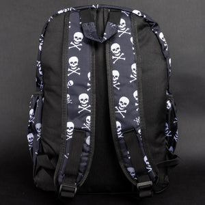 Back view of the CHOK GothX black nylon backpack with a white skull and crossbones print. Features padded, adjustable shoulder straps, side pockets, and a durable handle. Ideal for laptops, tablets, and organised everyday essentials.